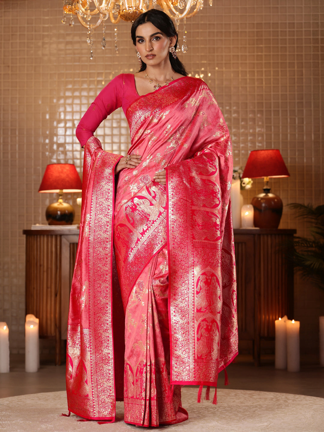  Peach Floral Woven Design Silk Blend Saree 