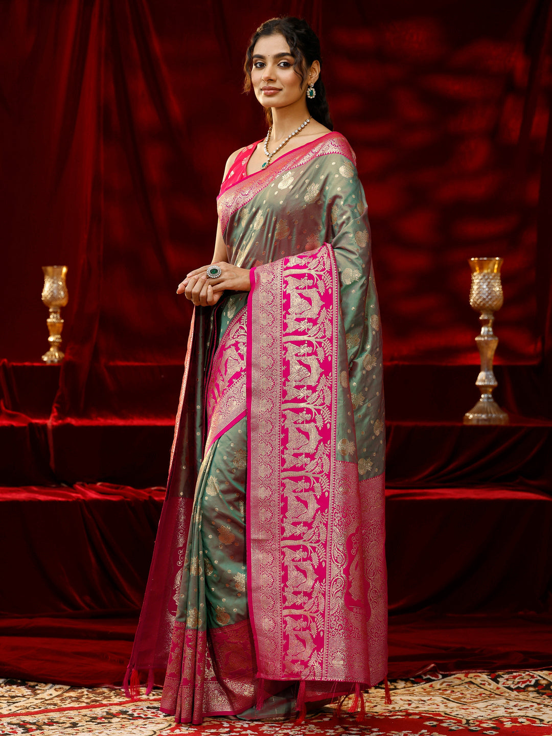  Libas Grey Ethnic Motif Woven Design Silk blend Saree with dupatta 