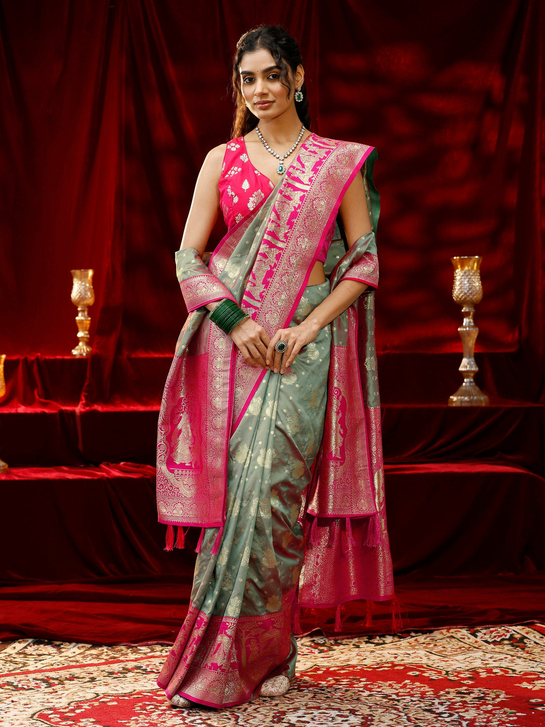  Libas Grey Ethnic Motif Woven Design Silk blend Saree with dupatta 