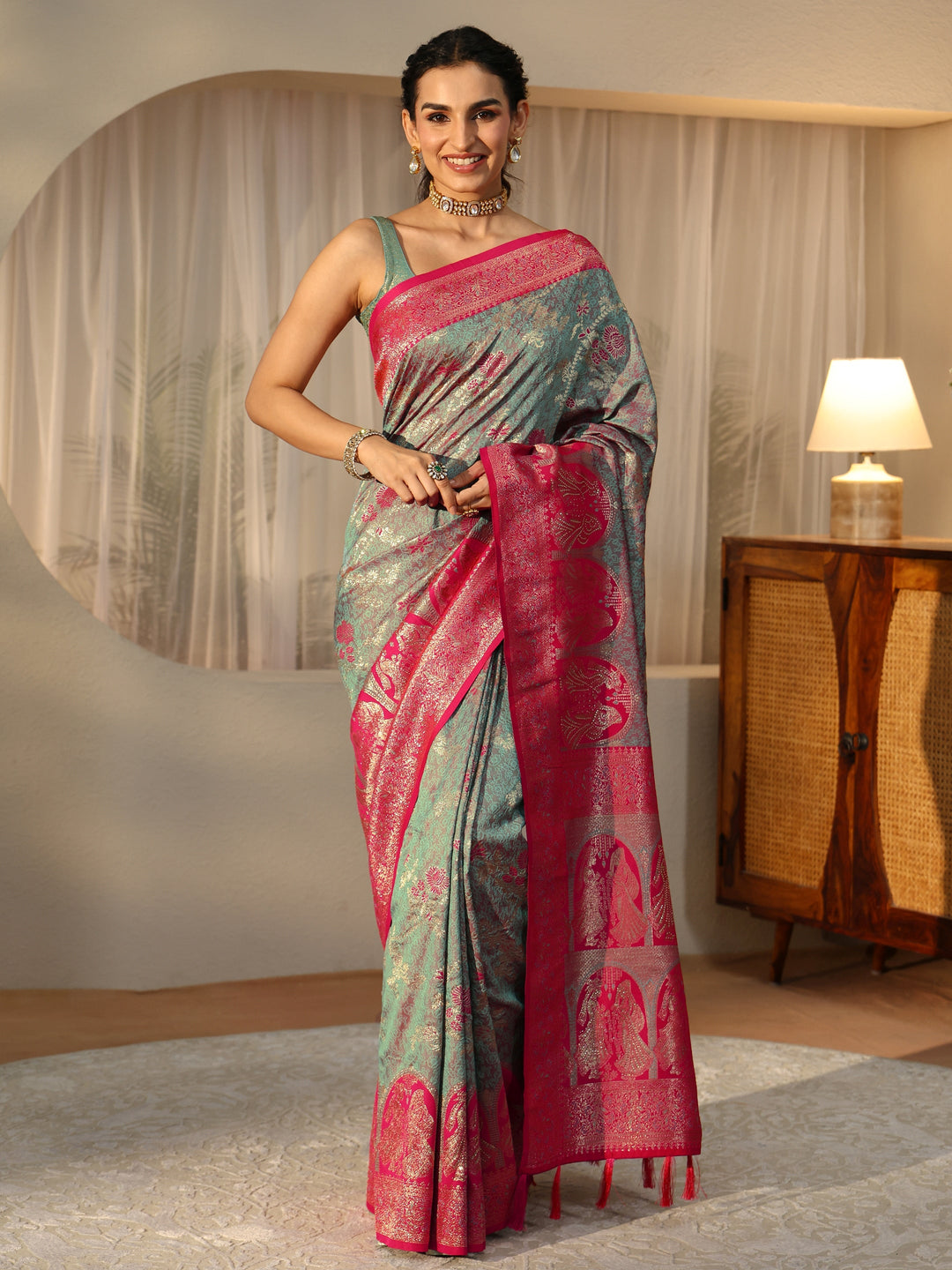  Dusty Blue Baluchari Silk Blend Saree 