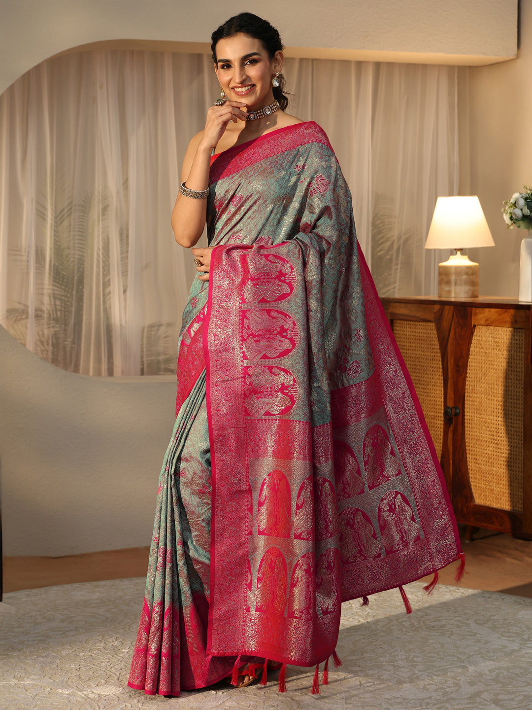  Dusty Blue Baluchari Silk Blend Saree 