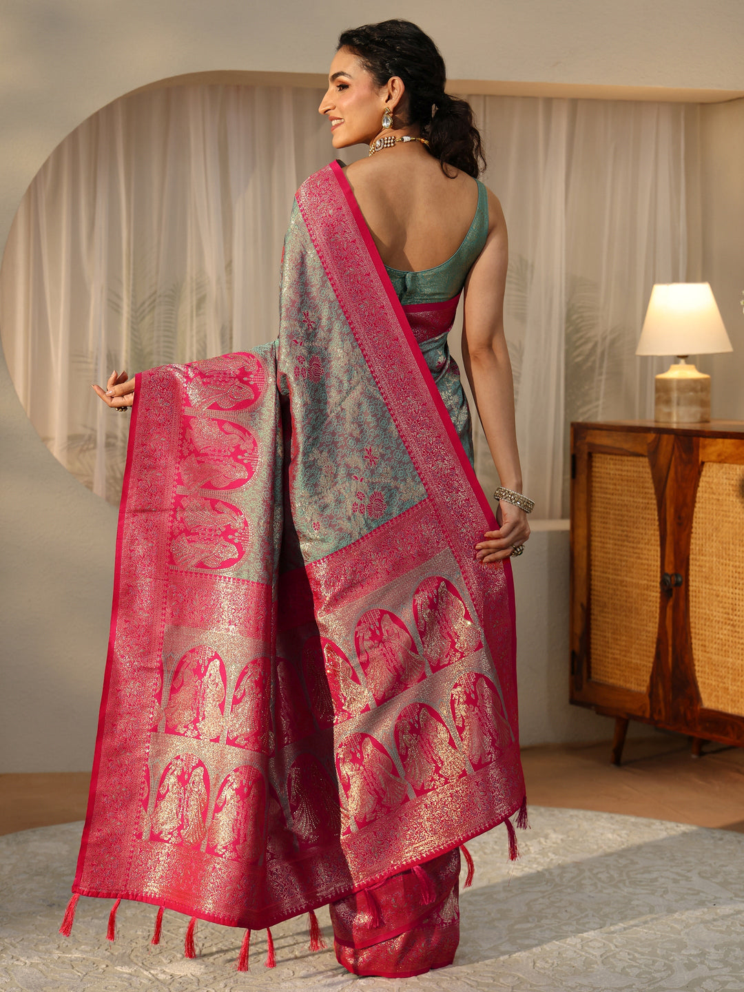  Dusty Blue Baluchari Silk Blend Saree 