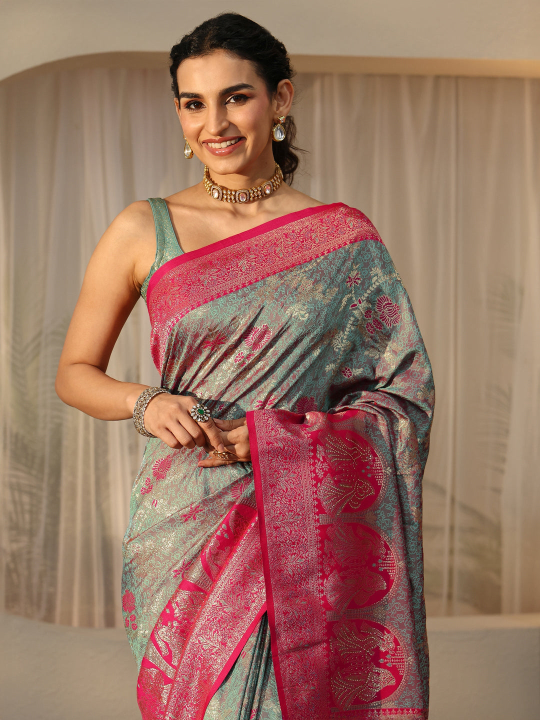  Dusty Blue Baluchari Silk Blend Saree 