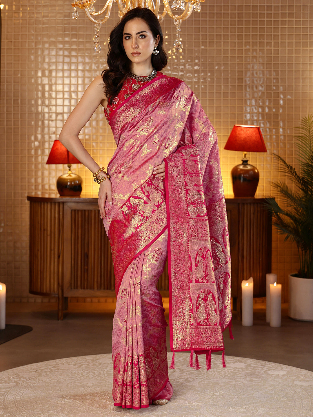  Rose Pink Baluchari Silk Blend Saree 