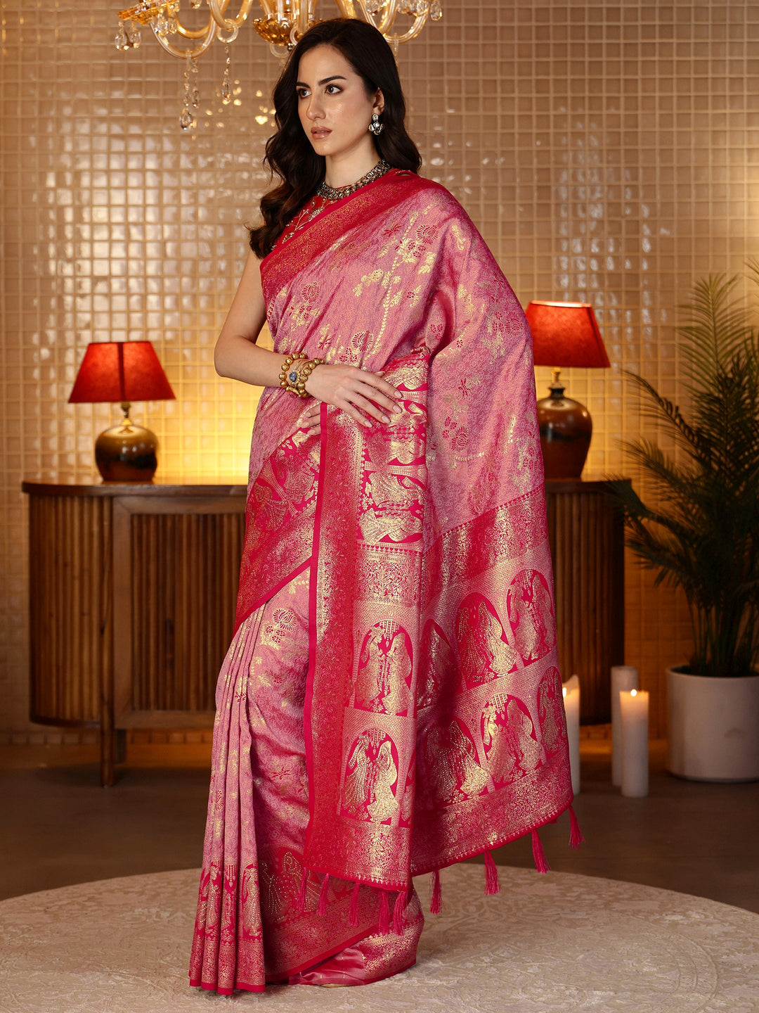 Rose Pink Baluchari Silk Blend Saree 