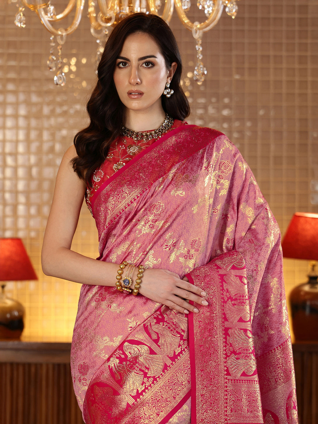  Rose Pink Baluchari Silk Blend Saree 