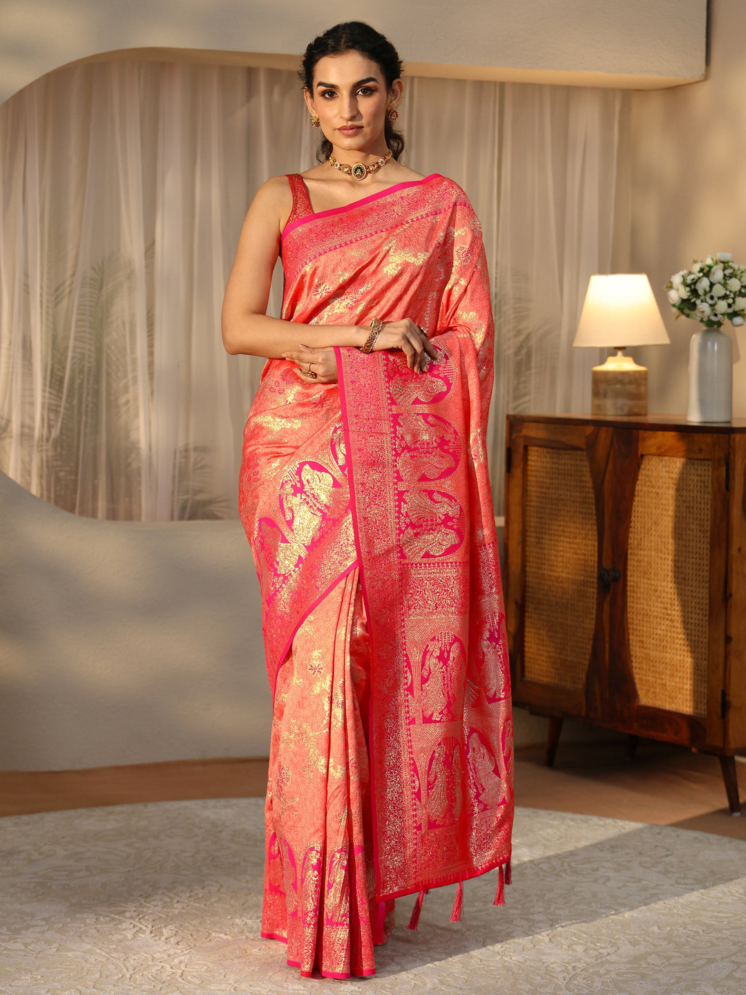  Peach Baluchari Silk Blend Saree 