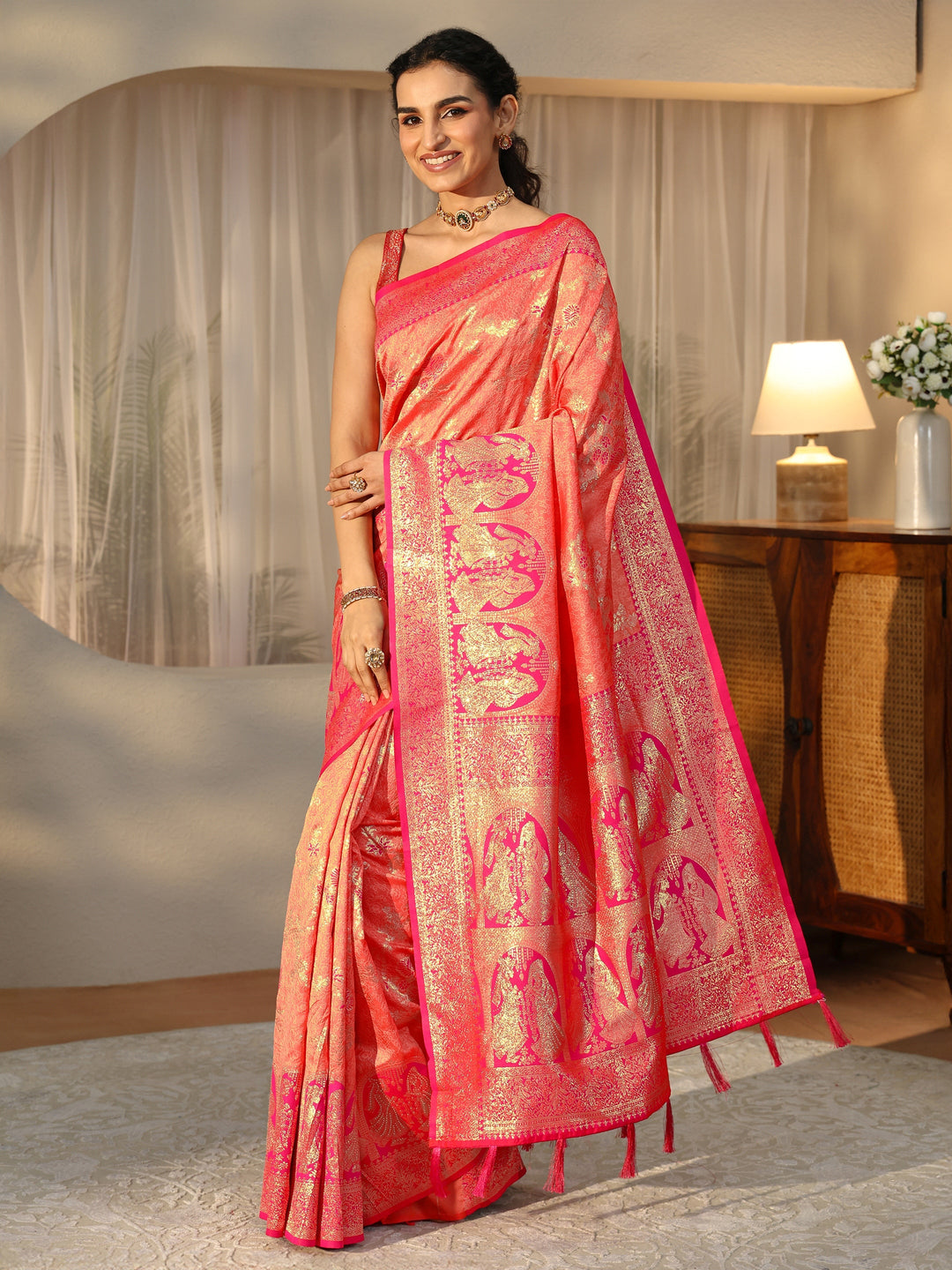  Peach Baluchari Silk Blend Saree 