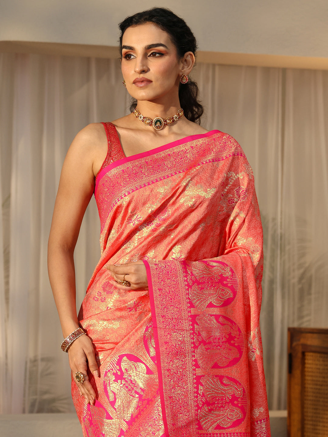  Peach Baluchari Silk Blend Saree 