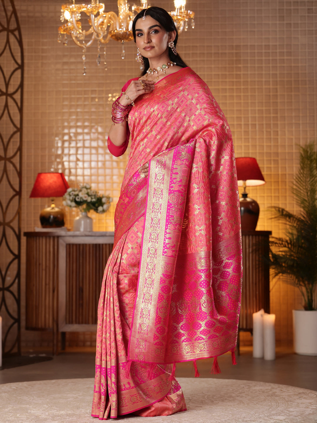  Peach Bandhani Woven Design Silk Blend Saree 