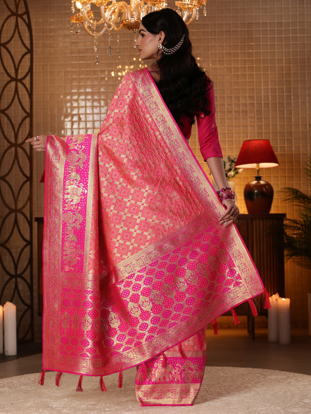  Peach Bandhani Woven Design Silk Blend Saree 