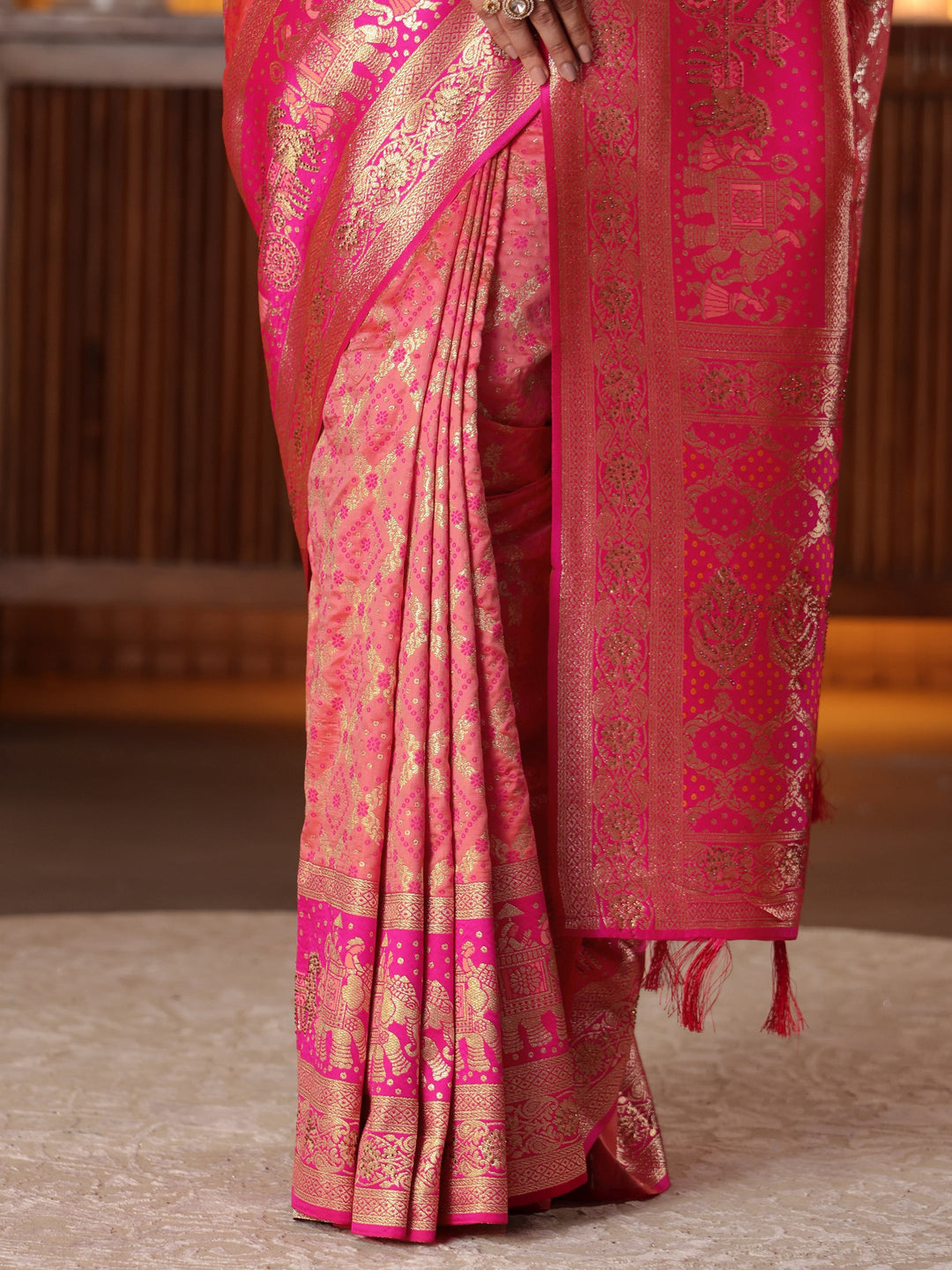  Peach Bandhani Woven Design Silk Blend Saree 