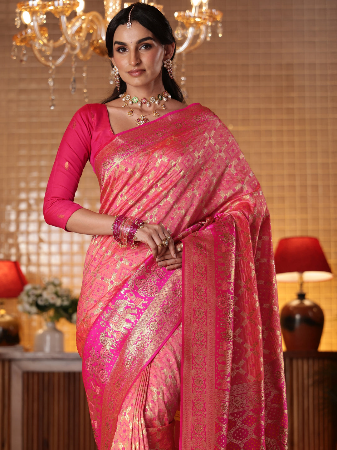  Peach Bandhani Woven Design Silk Blend Saree 