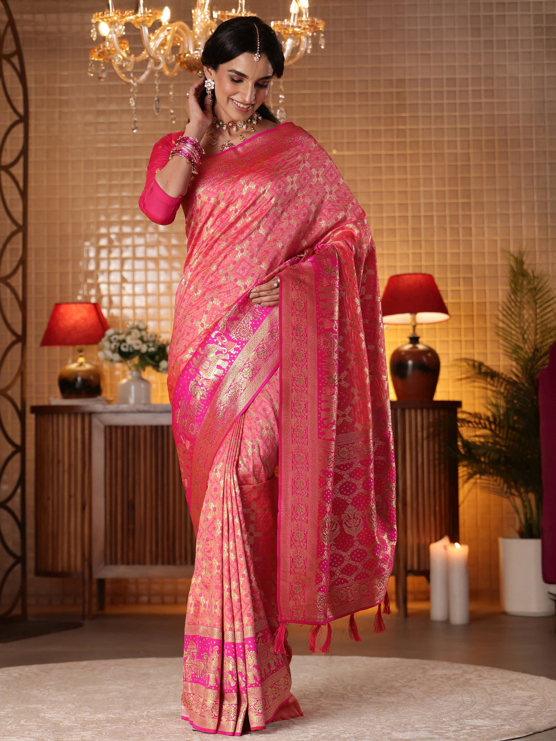  Peach Bandhani Woven Design Silk Blend Saree 