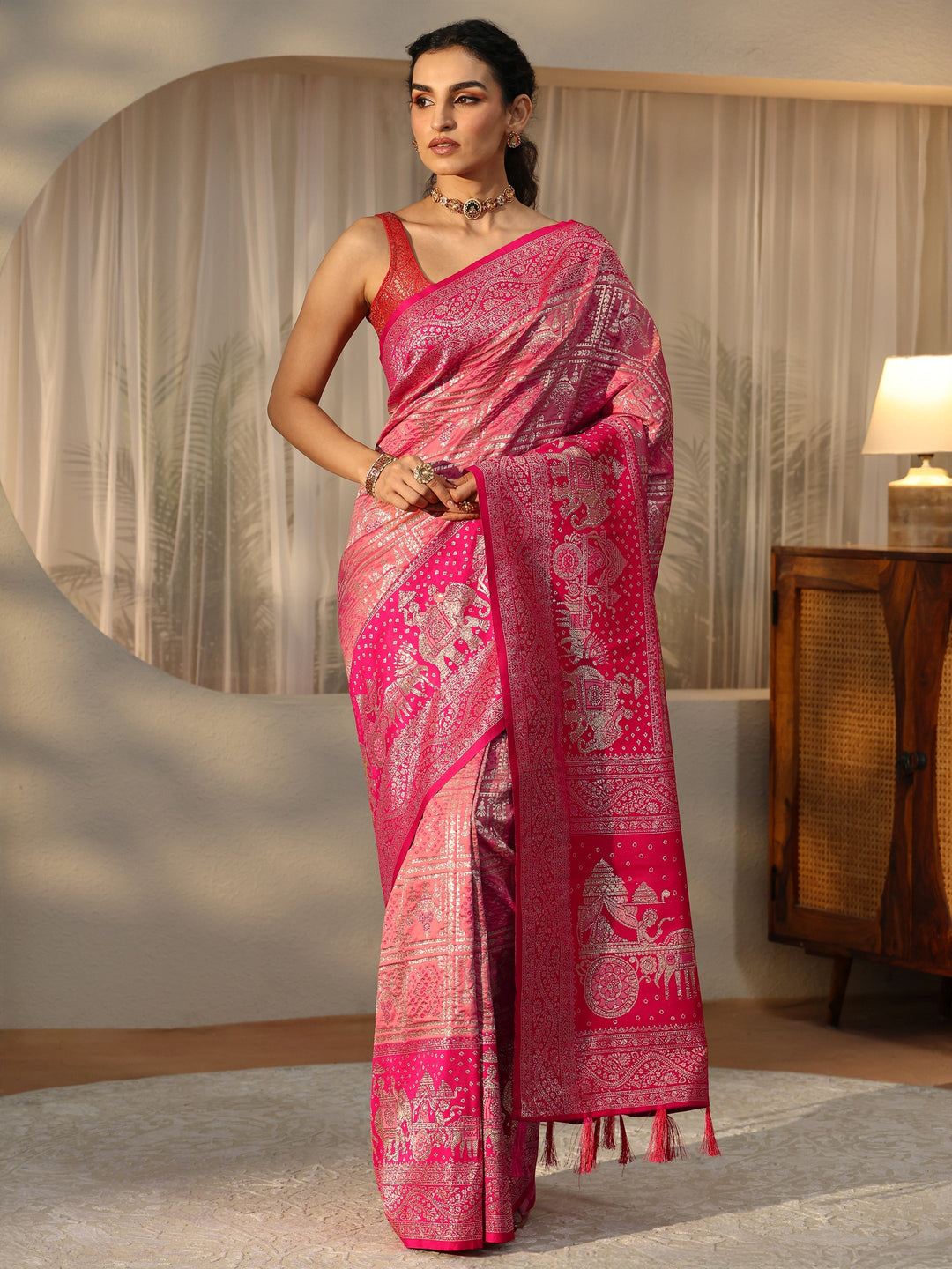  Hot Pink Gharchola Silk Blend Saree 