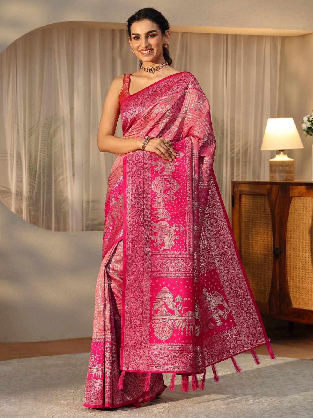  Hot Pink Gharchola Silk Blend Saree 