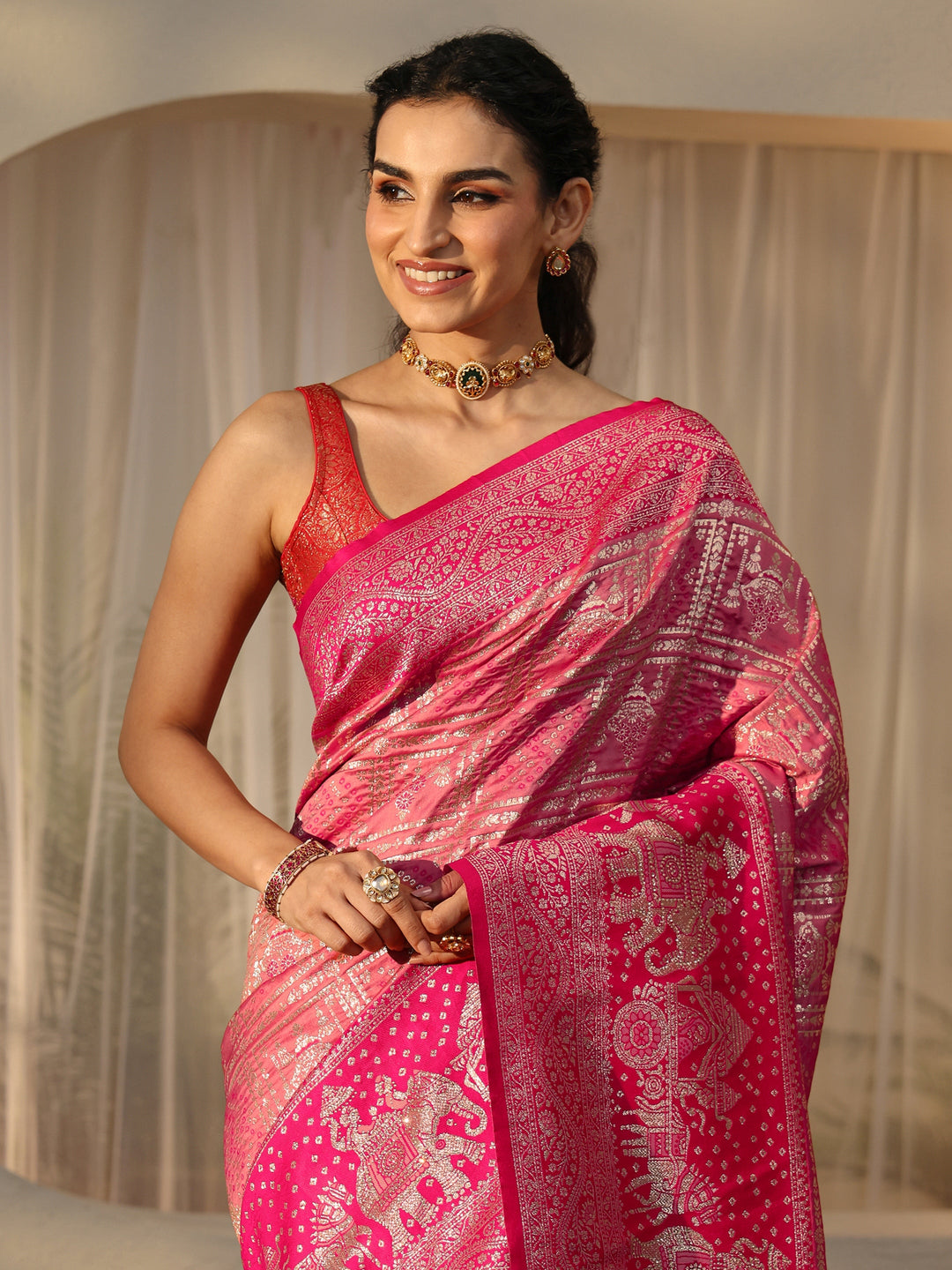  Hot Pink Gharchola Silk Blend Saree 