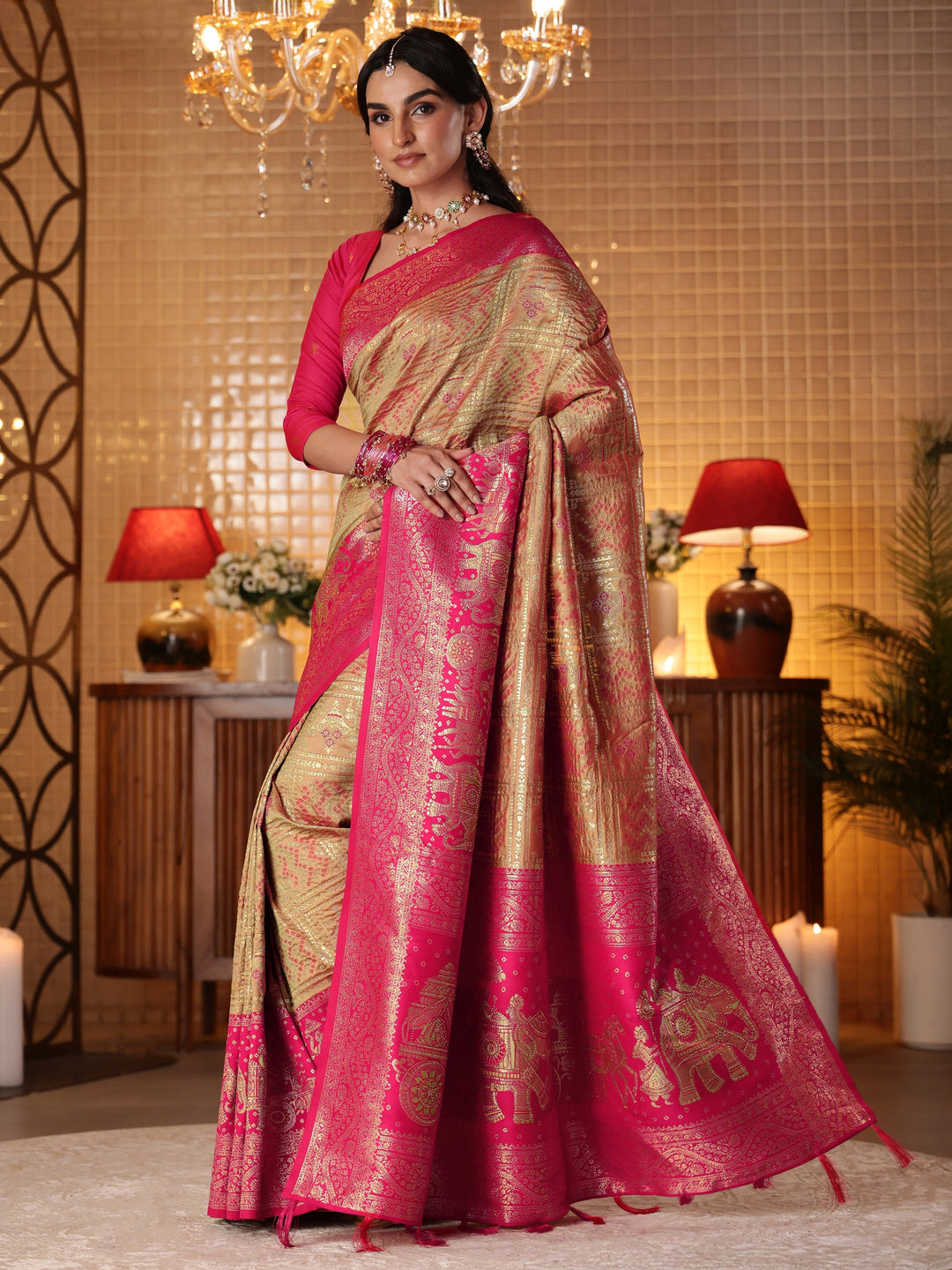  Mustard Bandhani Woven Design Silk Blend Saree 