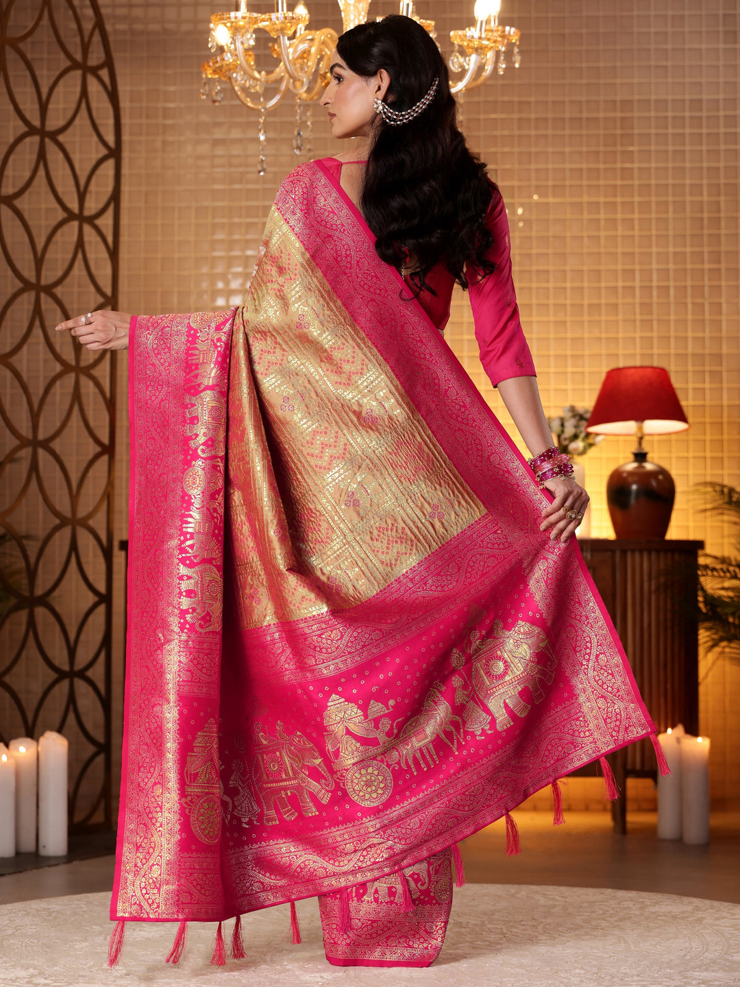  Mustard Bandhani Woven Design Silk Blend Saree 