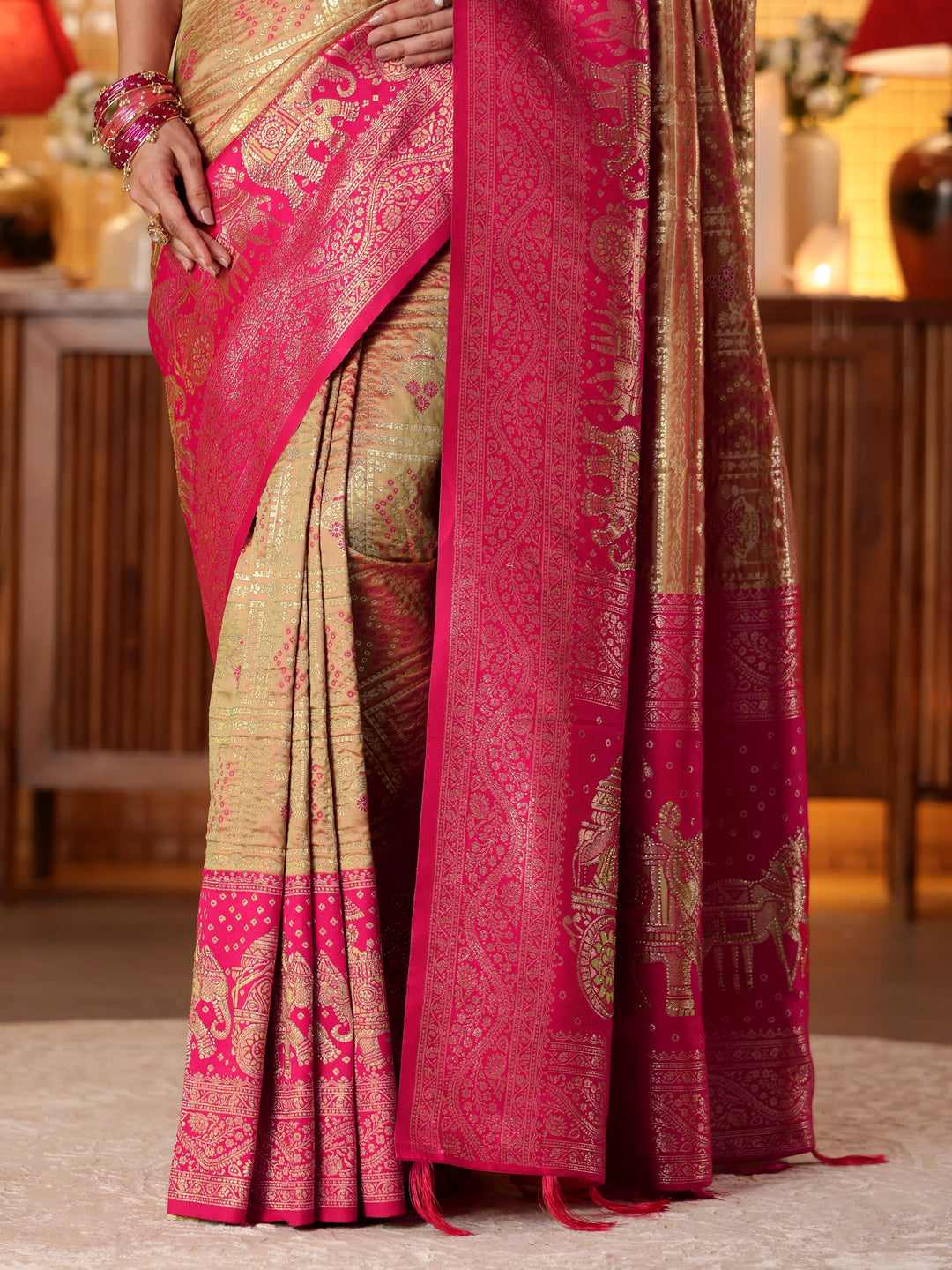  Mustard Bandhani Woven Design Silk Blend Saree 