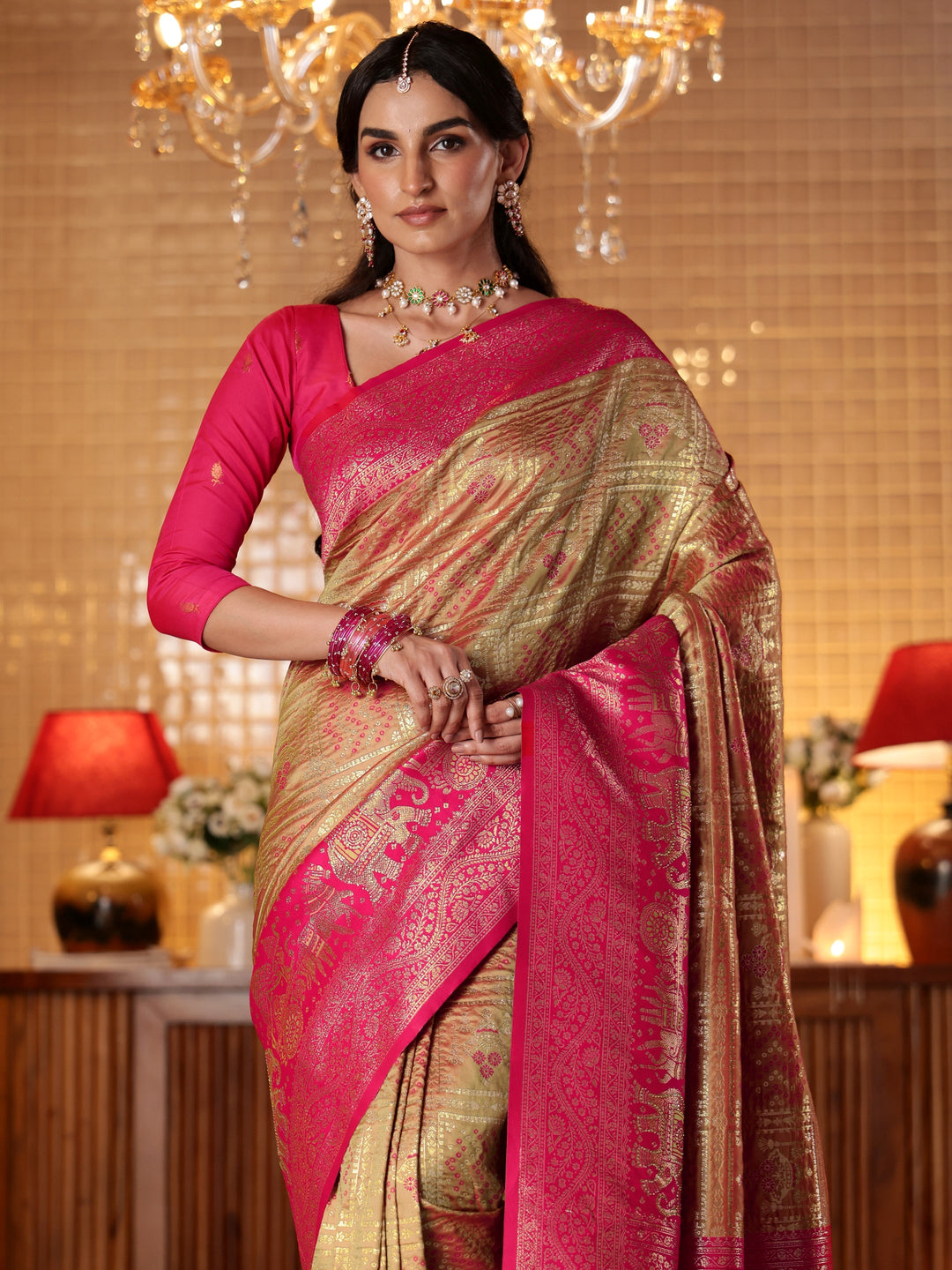  Mustard Bandhani Woven Design Silk Blend Saree 