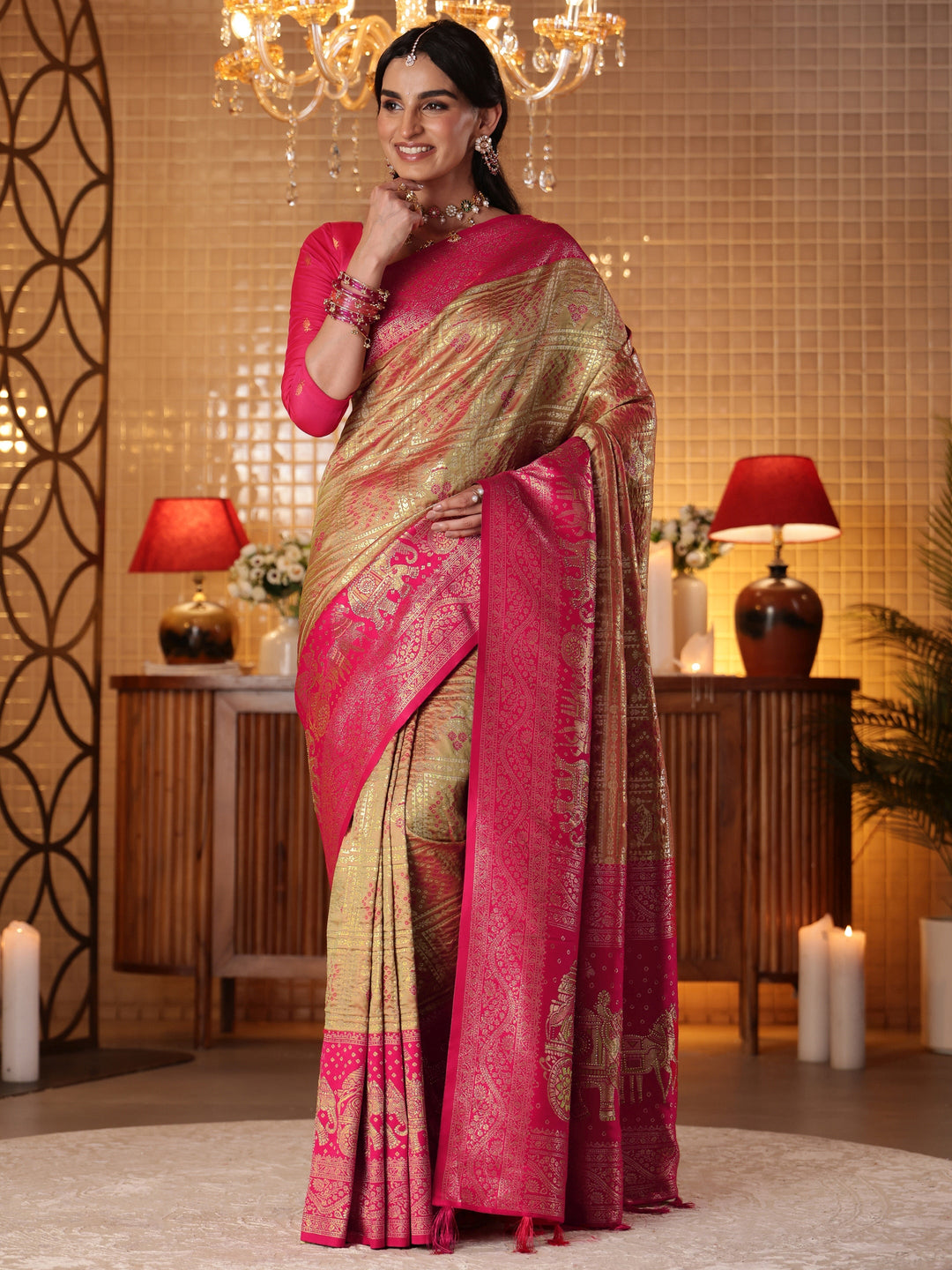  Mustard Bandhani Woven Design Silk Blend Saree 