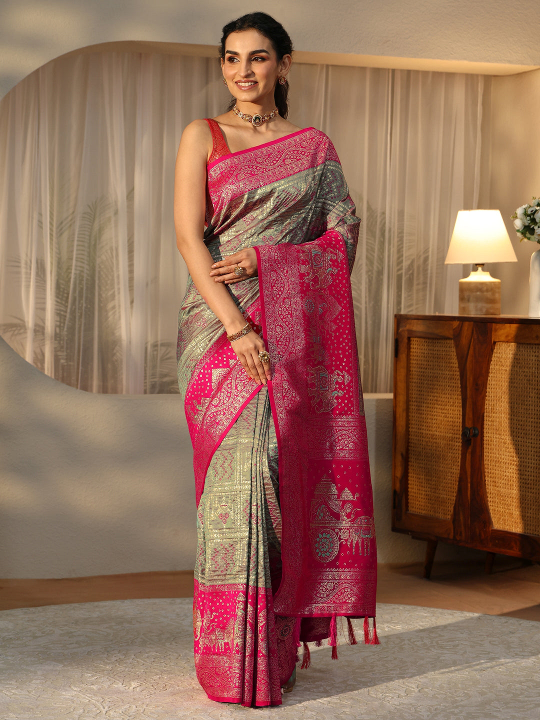  Grey Gharchola Silk Blend Saree 