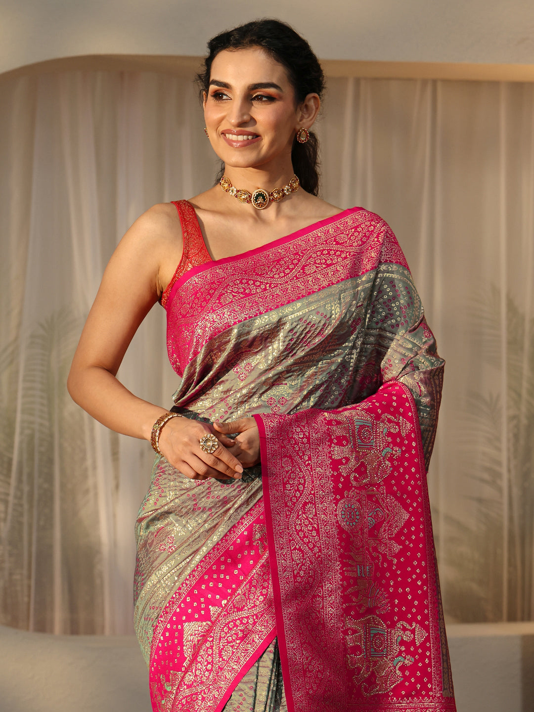  Grey Gharchola Silk Blend Saree 