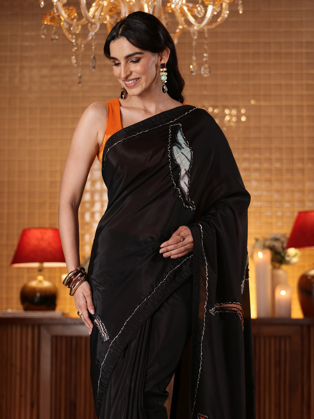  Libas Black Floral Embroidered Silk Blend Saree 