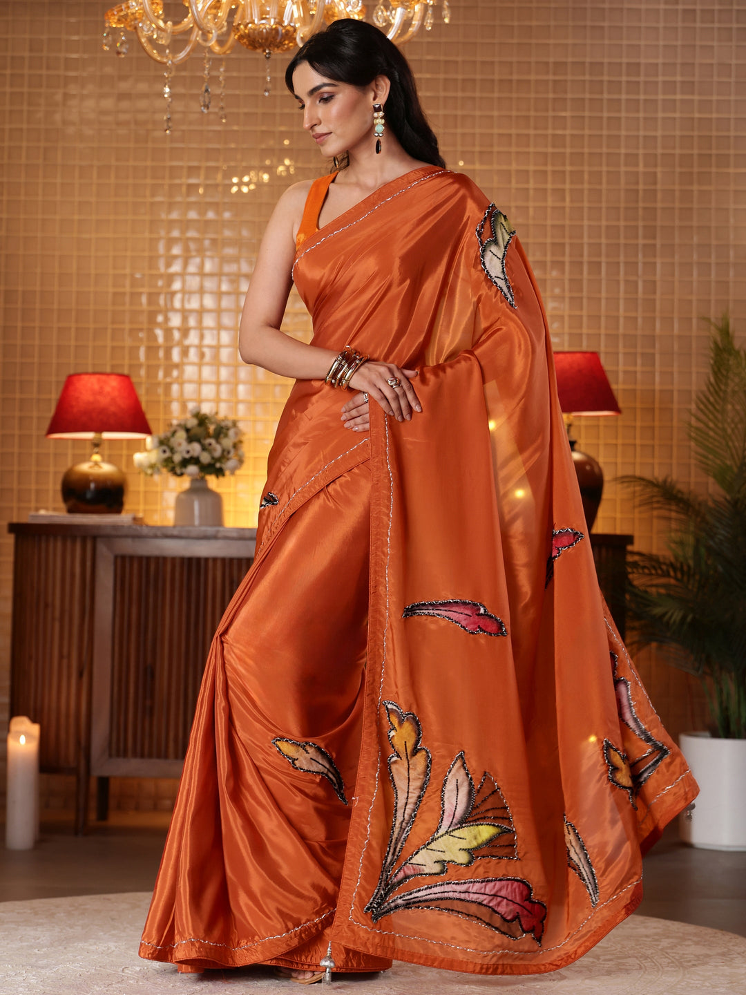  Libas Rust Floral Embroidered Silk Blend Saree 