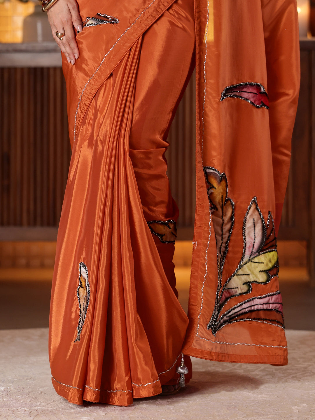  Libas Rust Floral Embroidered Silk Blend Saree 