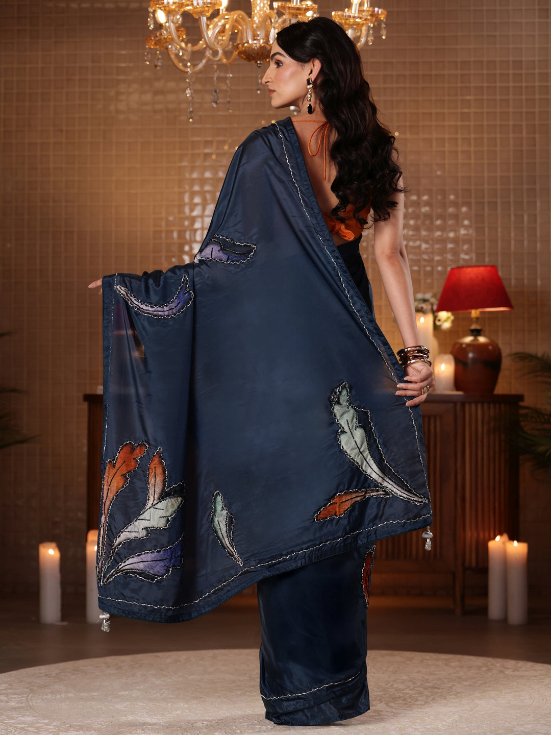  Libas Midnight Blue Floral Embroidered Silk Blend Saree 