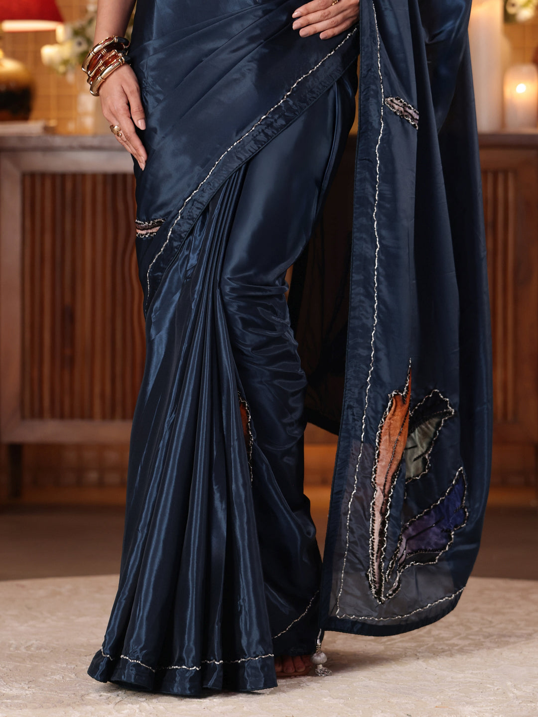  Libas Midnight Blue Floral Embroidered Silk Blend Saree 