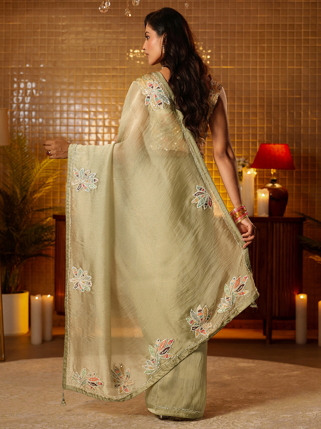  Libas Sage Green Floral Embroidered Tissue Saree 