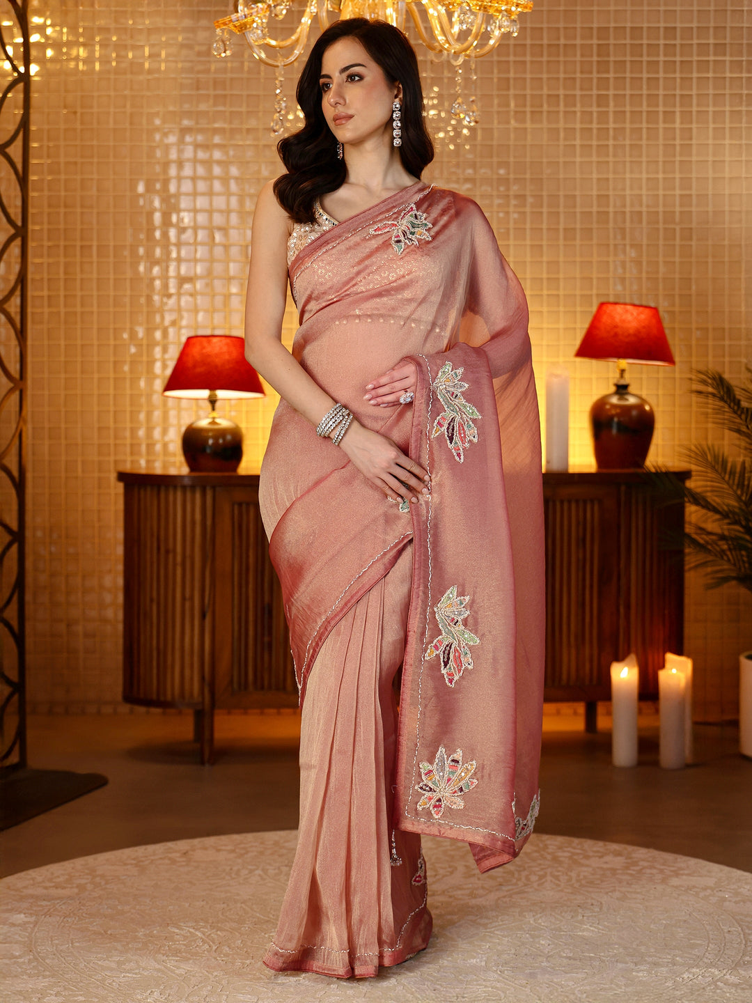  Peach Floral Embroidered Tissue Saree 