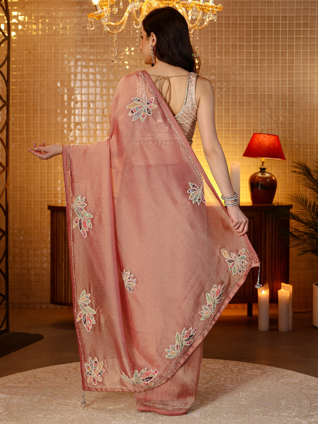  Peach Floral Embroidered Tissue Saree 