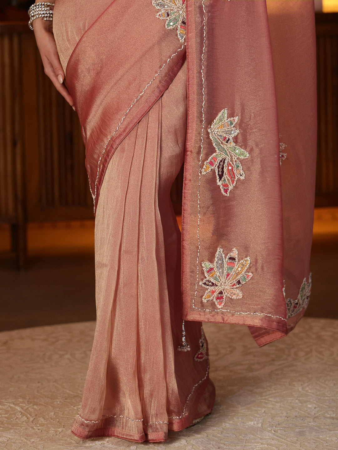 Peach Floral Embroidered Tissue Saree 