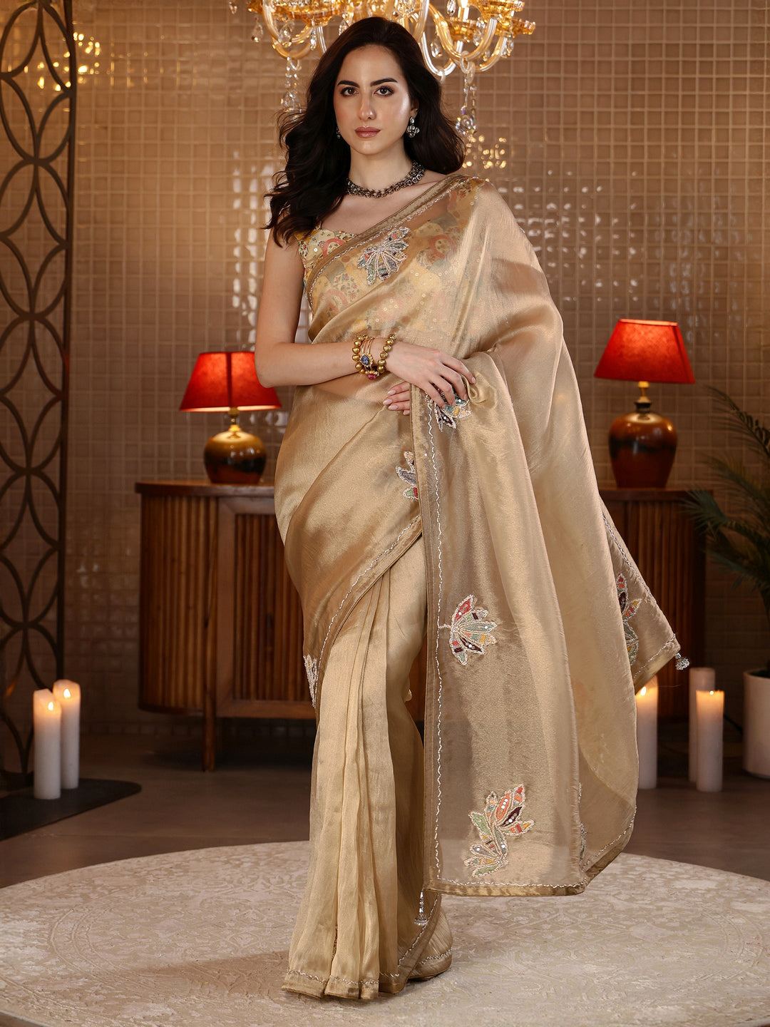  Gold Floral Embroidered Tissue Saree 