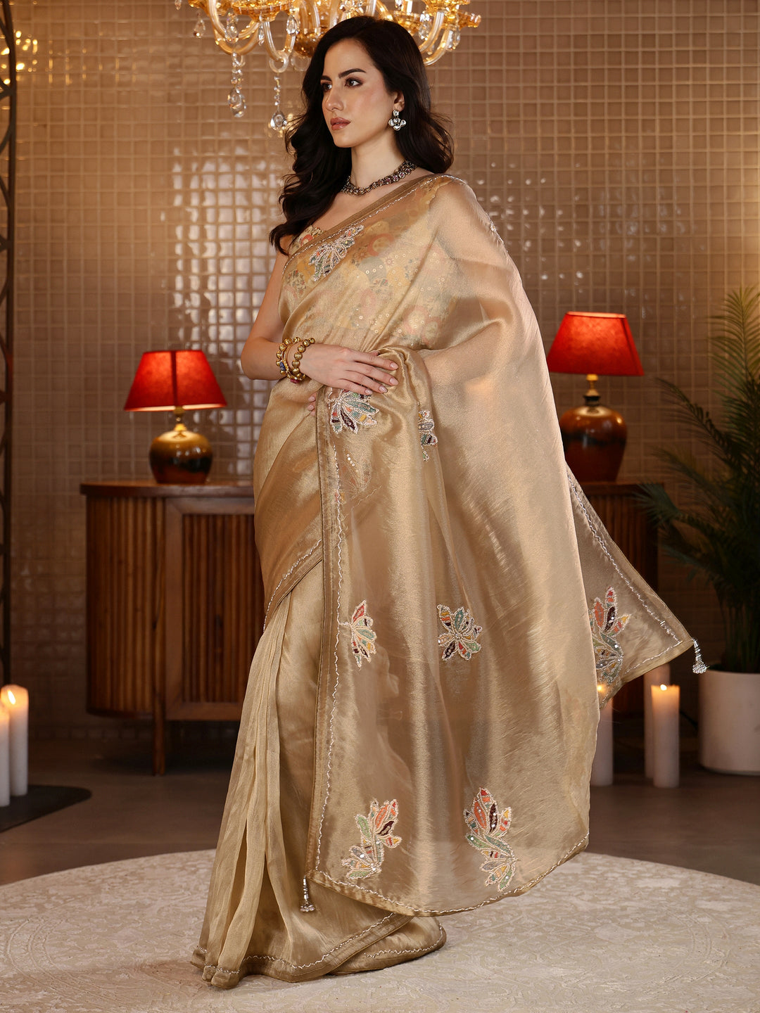  Gold Floral Embroidered Tissue Saree 