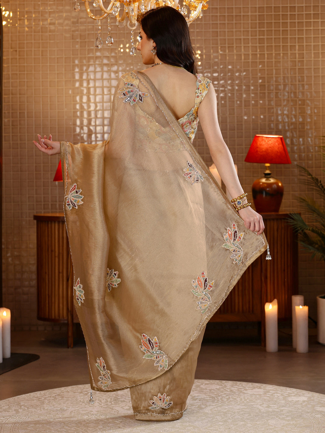  Gold Floral Embroidered Tissue Saree 