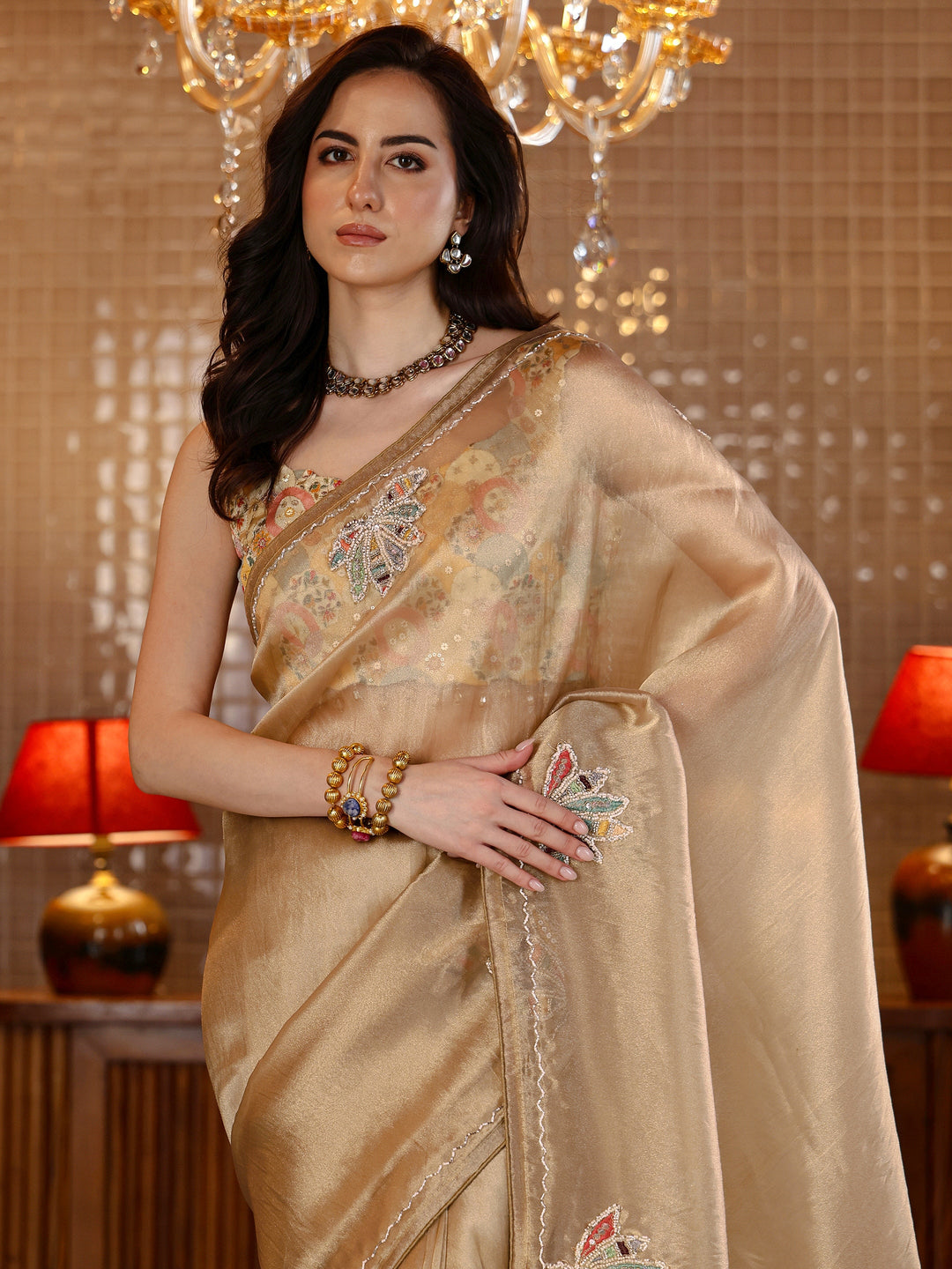  Gold Floral Embroidered Tissue Saree 