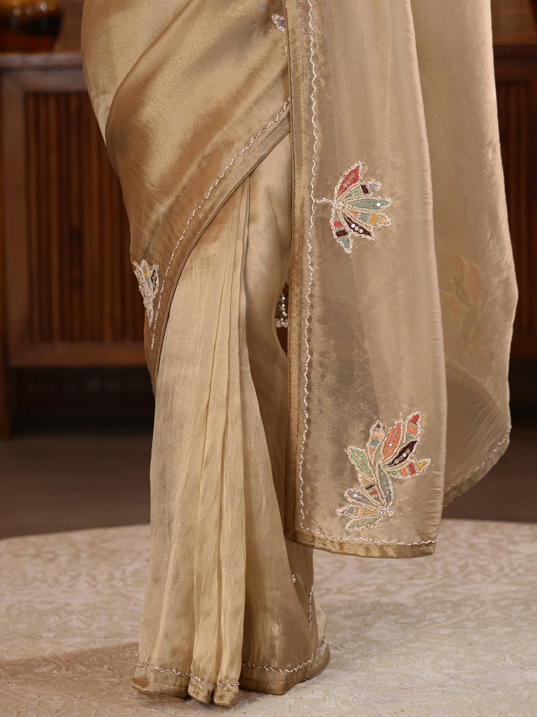  Gold Floral Embroidered Tissue Saree 