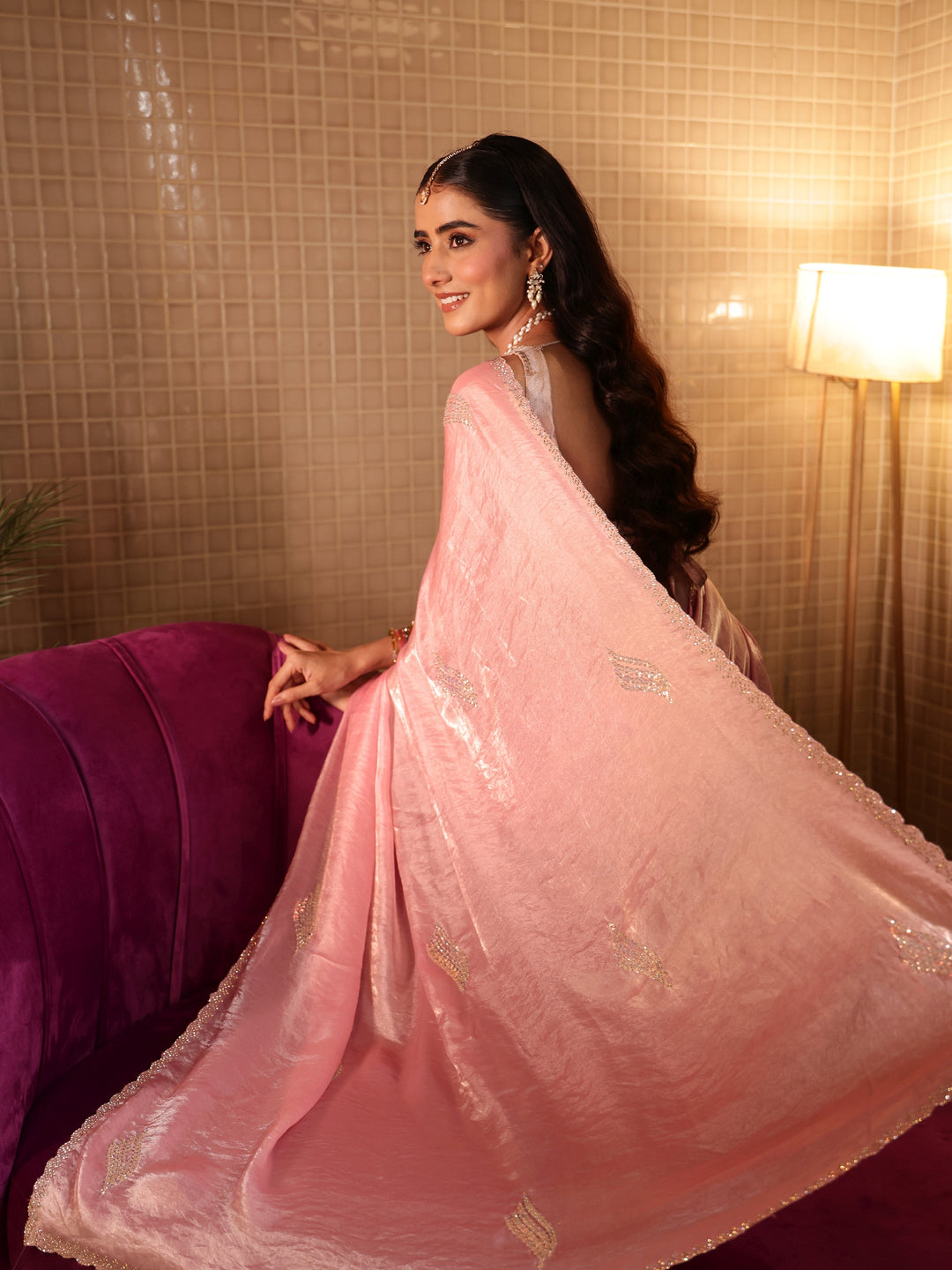  Pink Embellished Silk Blend Saree 