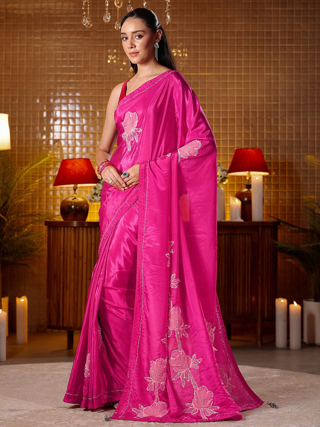  Libas Rani Pink Floral Embroidered Silk Blend Saree 