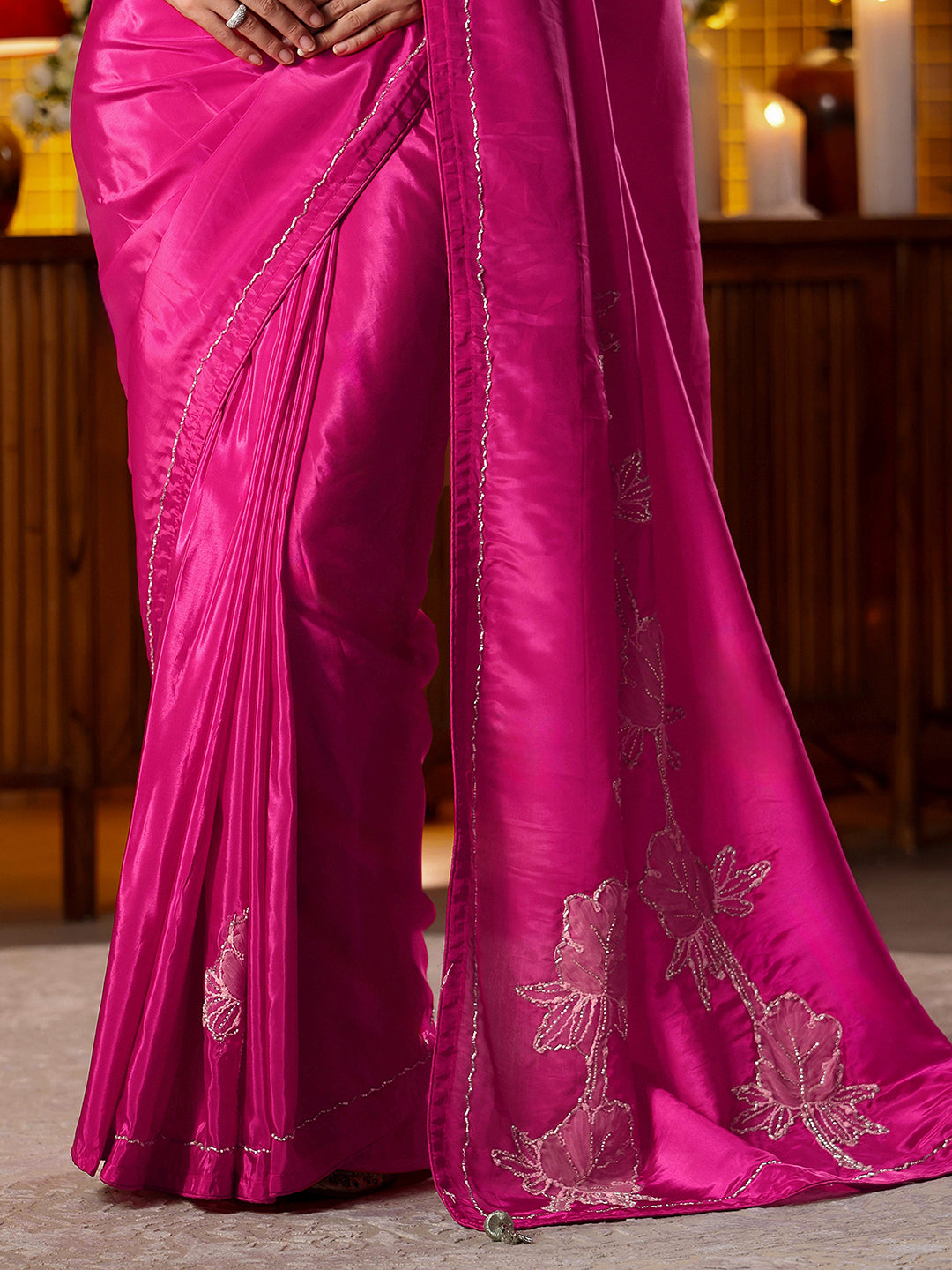  Libas Rani Pink Floral Embroidered Silk Blend Saree 