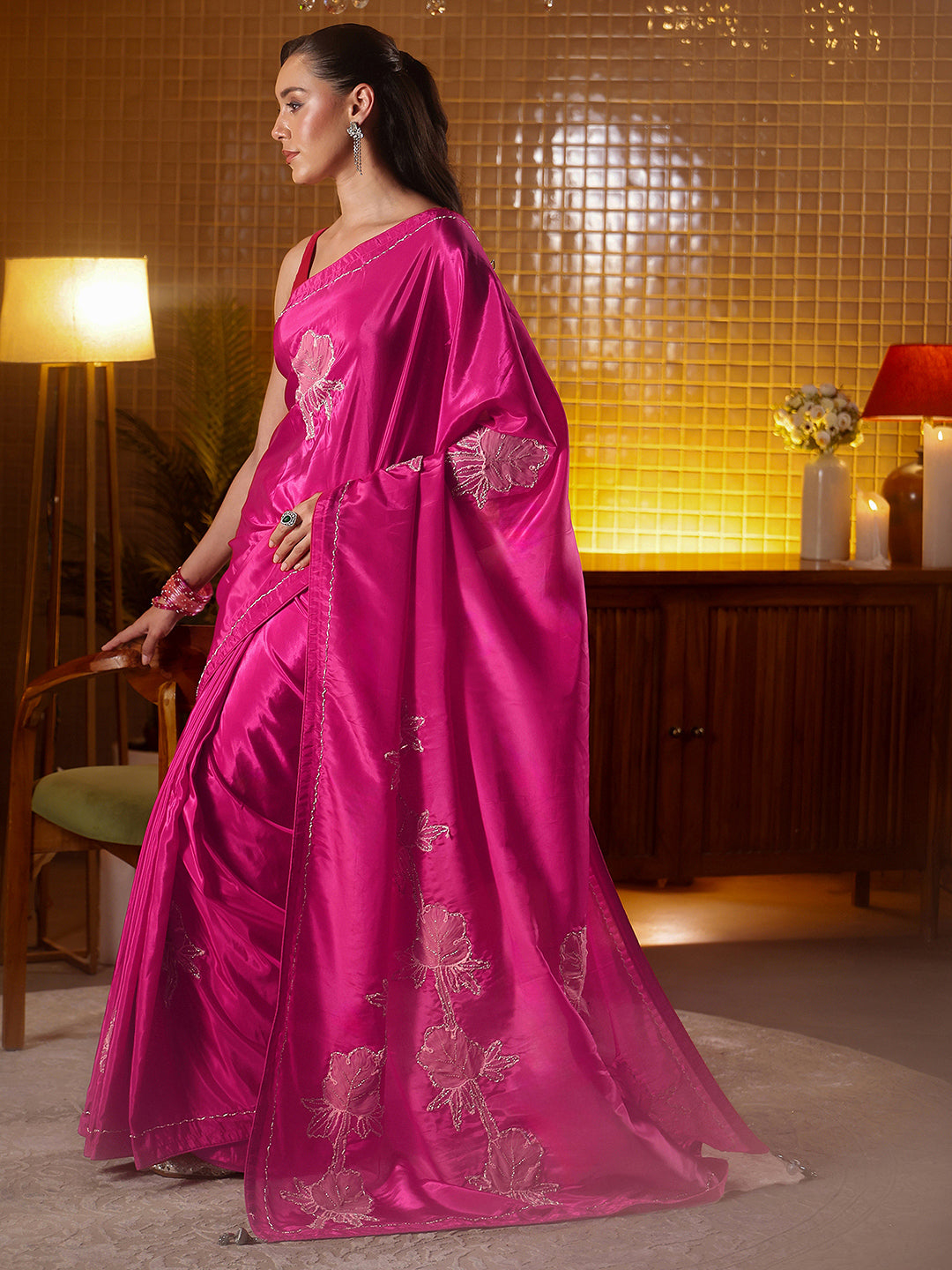 Libas Rani Pink Floral Embroidered Silk Blend Saree 