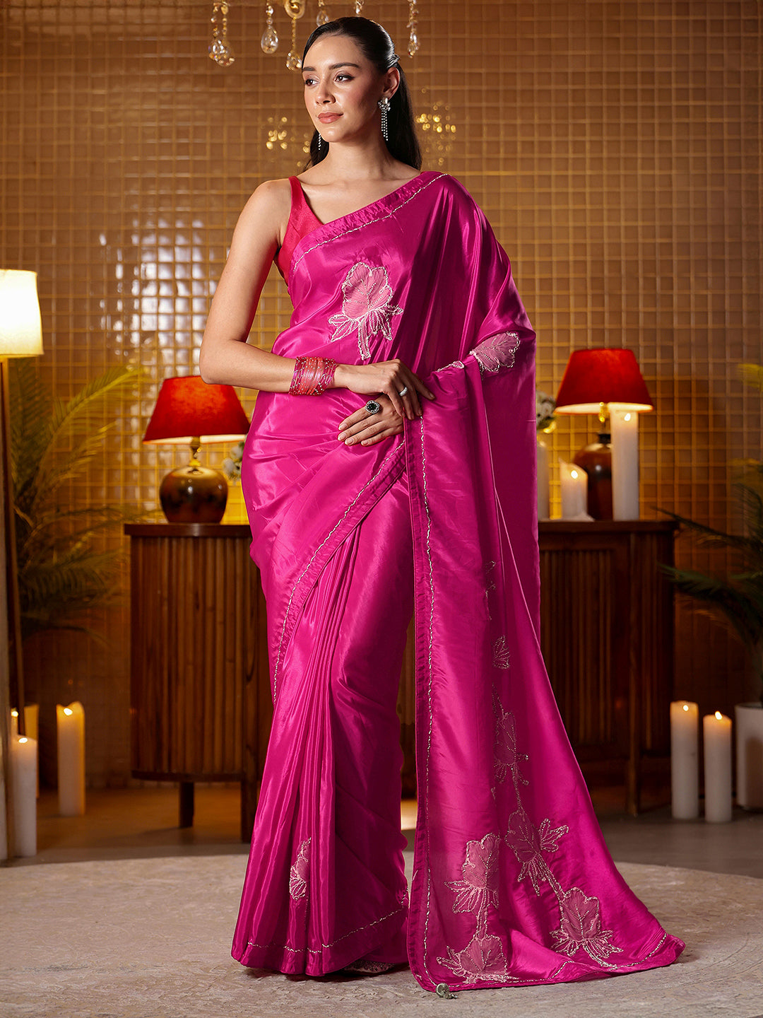  Libas Rani Pink Floral Embroidered Silk Blend Saree 