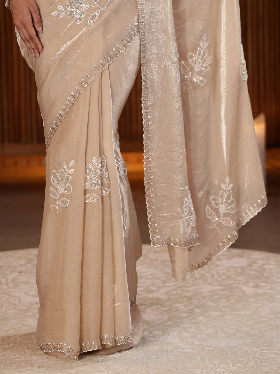  Beige Floral Embellished Silk Blend Saree 