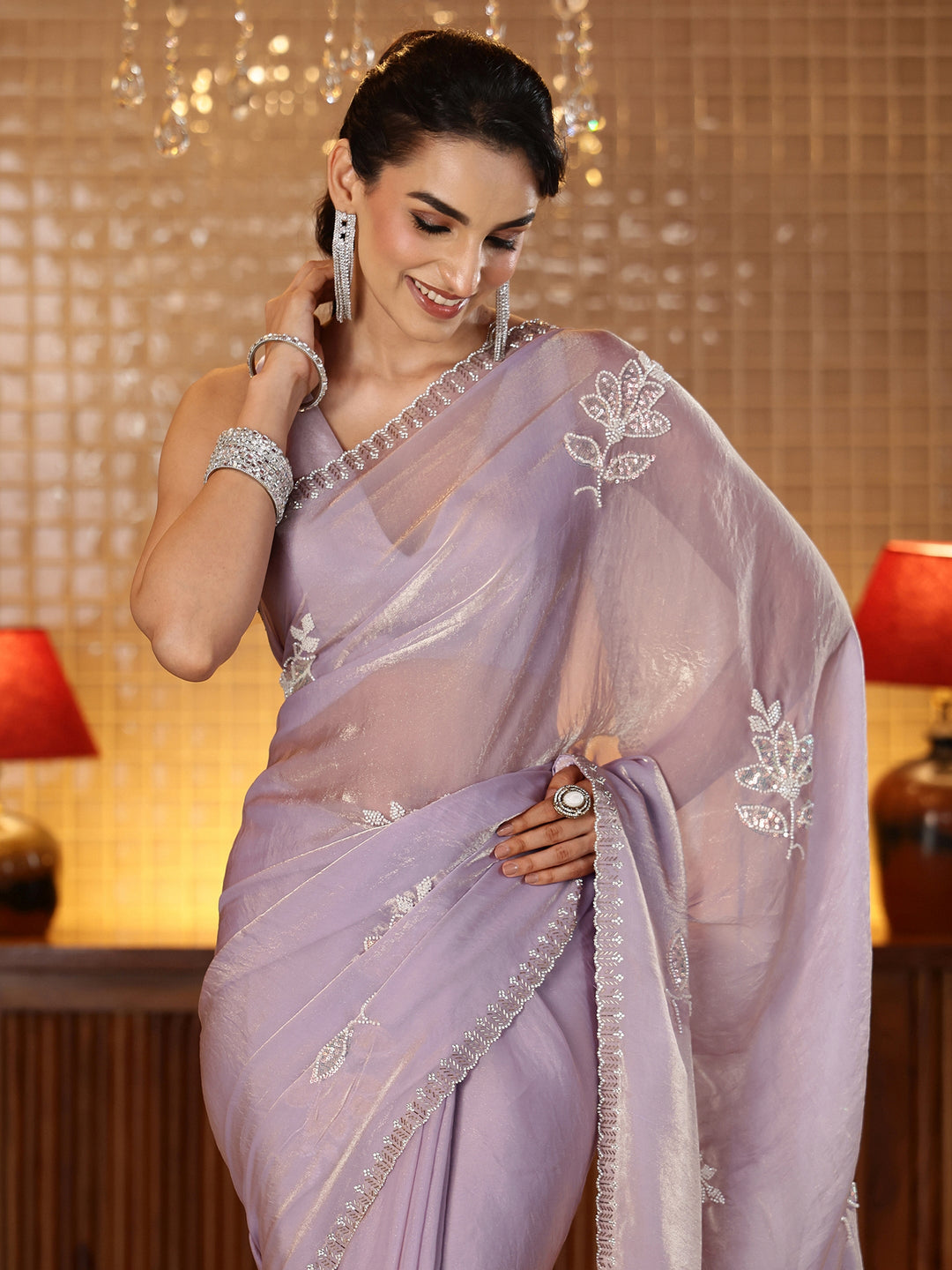  Lavender Floral Embellished Silk Blend Saree 