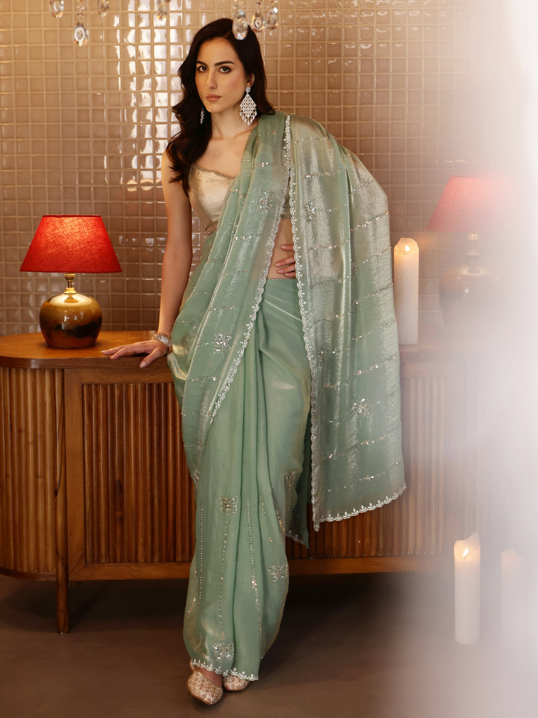  Pista Green Striped Embellished Silk Blend Saree 